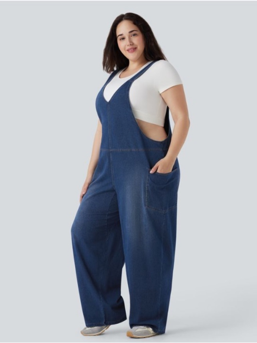 Halara Flex v-neck washed Blue Denim sleeveless overalls